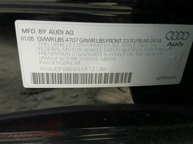 WAUDF68E65A472138 - 2005 AUDI A4 2.0T QU BLACK photo 10