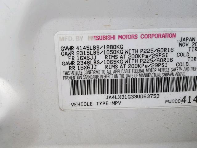 JA4LX31G33U063753 - 2003 MITSUBISHI OUTLANDER WHITE photo 10