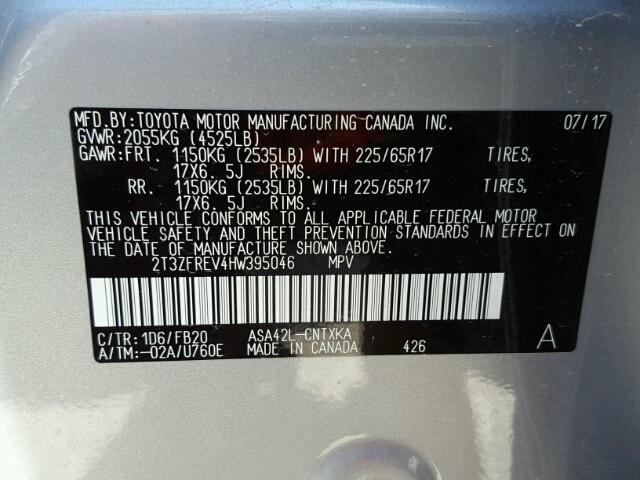 2T3ZFREV4HW395046 - 2017 TOYOTA RAV4 LE SILVER photo 10