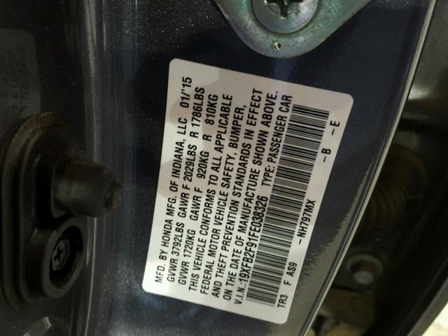 19XFB2F91FE038326 - 2015 HONDA CIVIC EXL GRAY photo 10