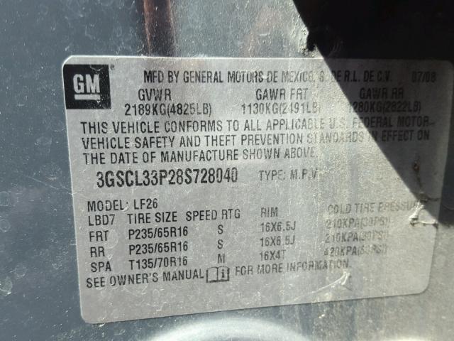 3GSCL33P28S728040 - 2008 SATURN VUE XE GRAY photo 10