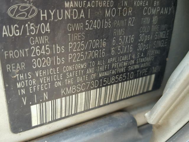 KM8SC73D15U856510 - 2005 HYUNDAI SANTA FE G SILVER photo 10