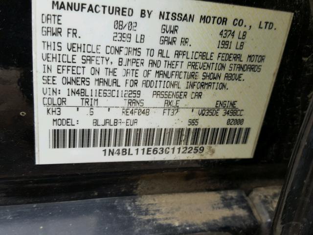 1N4BL11E63C112259 - 2003 NISSAN ALTIMA SE BLACK photo 10