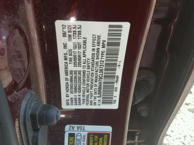 5J6RM4H79CL067312 - 2012 HONDA CR-V EXL MAROON photo 10