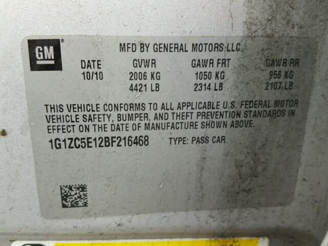 1G1ZC5E12BF216468 - 2011 CHEVROLET MALIBU 1LT 银色 照片 10