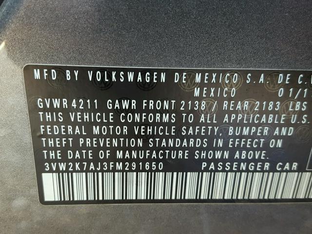 3VW2K7AJ3FM291650 - 2015 VOLKSWAGEN JETTA BASE 银色 照片 10