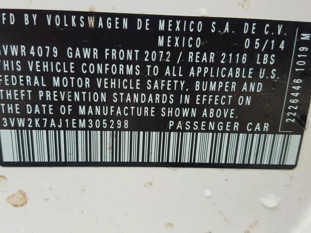 3VW2K7AJ1EM305298 - 2014 VOLKSWAGEN JETTA BASE 白色 照片 10