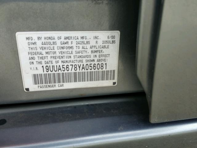 19UUA5678YA056081 - 2000 ACURA 3.2TL GRAY photo 10