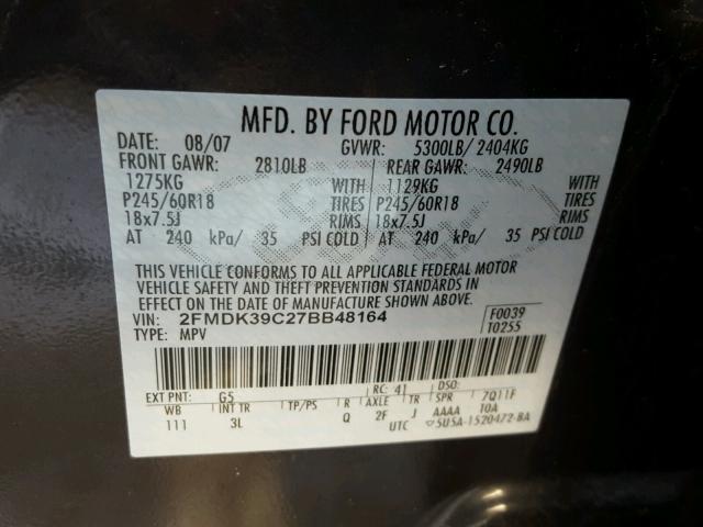 2FMDK39C27BB48164 - 2007 FORD EDGE SEL P BLACK photo 10