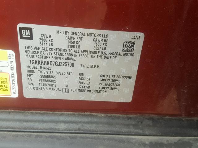 1GKKRRKD7GJ325790 - 2016 GMC ACADIA SLT მუქწითელი ფოტო 10