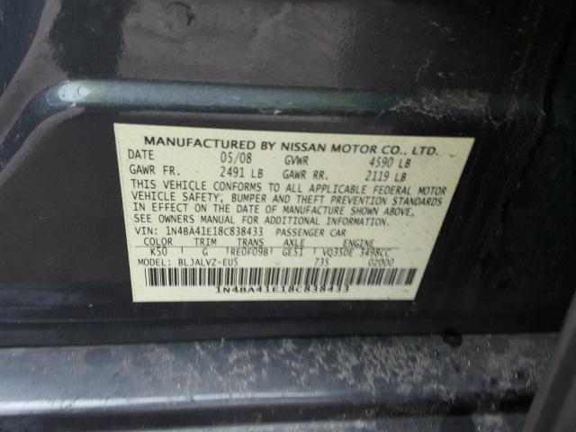 1N4BA41E18C838433 - 2008 NISSAN MAXIMA SE GRAY photo 10