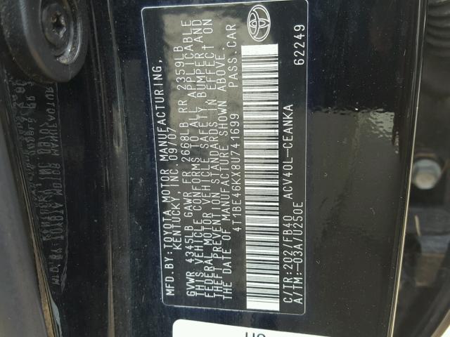 4T1BE46KX8U741699 - 2008 TOYOTA CAMRY CE BLACK photo 10