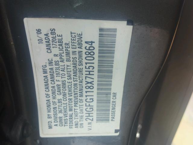 2HGFG118X7H510864 - 2007 HONDA CIVIC EX Boz foto 10