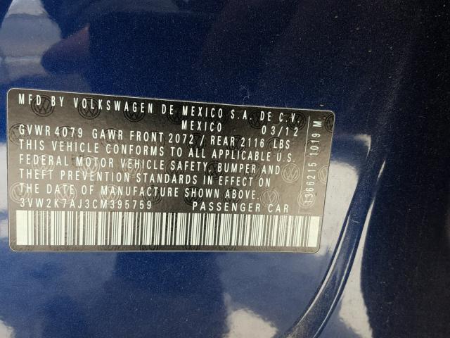 3VW2K7AJ3CM395759 - 2012 VOLKSWAGEN JETTA BASE 蓝色 照片 10