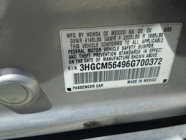 3HGCM56496G700372 - 2006 HONDA ACCORD LX SILVER photo 10