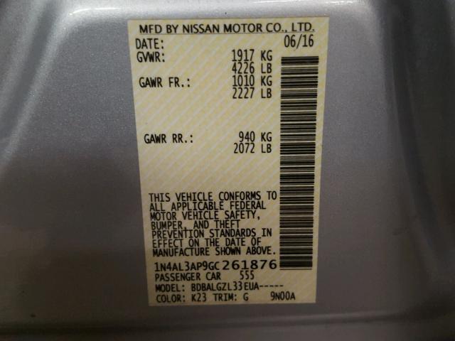 1N4AL3AP9GC261876 - 2016 NISSAN ALTIMA 2.5 SILVER photo 10