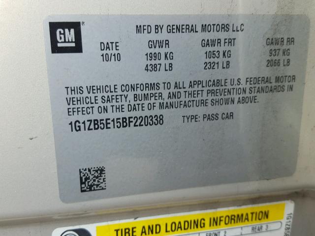 1G1ZB5E15BF220338 - 2011 CHEVROLET MALIBU LS ოქროსფერი ფოტო 10