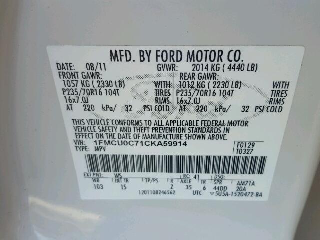 1FMCU0C71CKA59914 - 2012 FORD ESCAPE XLS WHITE photo 10