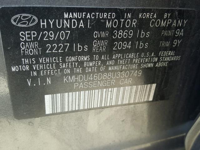 KMHDU46D88U330749 - 2008 HYUNDAI ELANTRA GL GRAY photo 10