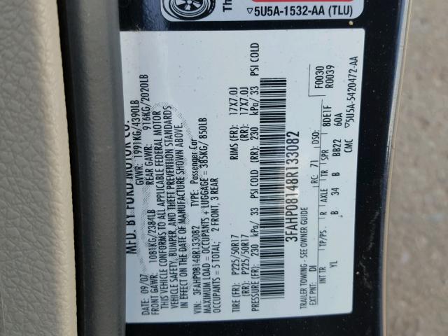 3FAHP08148R133082 - 2008 FORD FUSION SEL BLUE photo 10