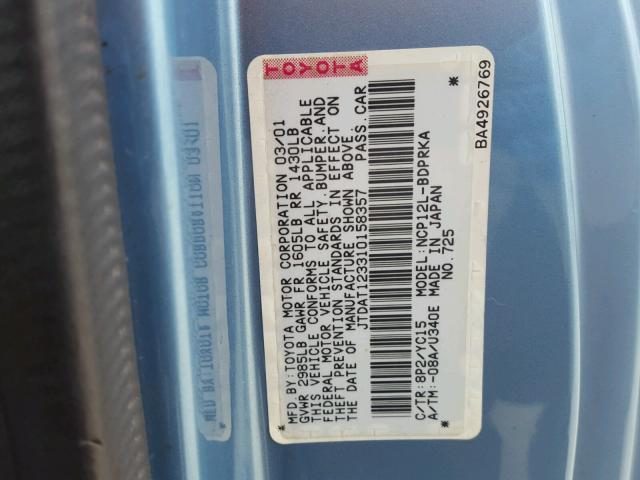 JTDAT123310158357 - 2001 TOYOTA ECHO BLUE photo 10