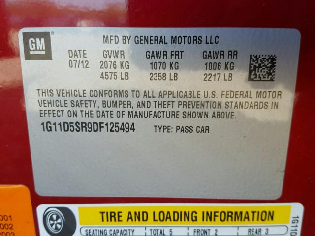 1G11D5SR9DF125494 - 2013 CHEVROLET MALIBU 1LT 红色 照片 10