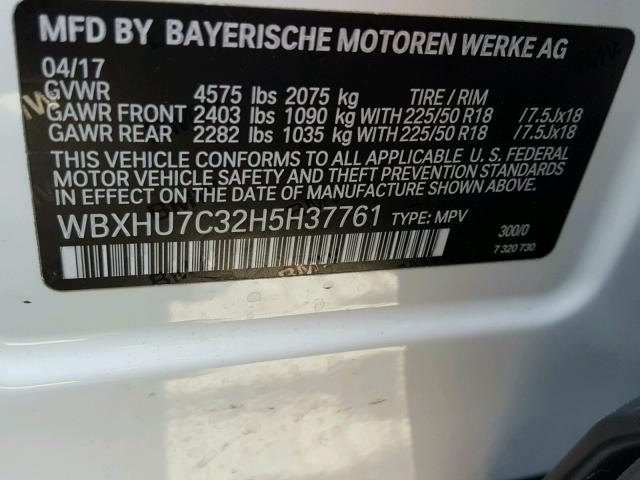 WBXHU7C32H5H37761 - 2017 BMW X1 SDRIVE2 WHITE photo 10
