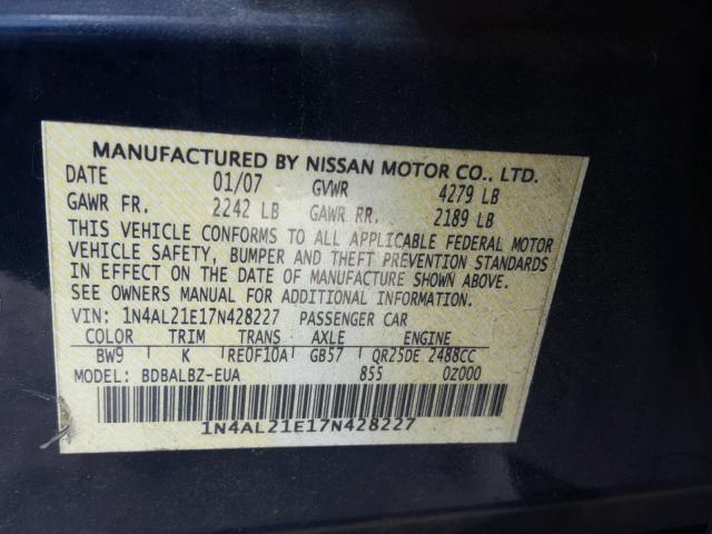 1N4AL21E17N428227 - 2007 NISSAN ALTIMA 2.5 BLUE photo 10