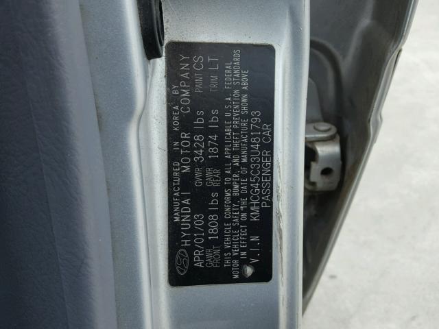 KMHCG45C33U481793 - 2003 HYUNDAI ACCENT GL SILVER photo 10