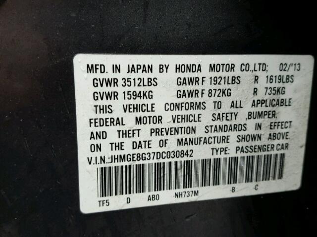 JHMGE8G37DC030842 - 2013 HONDA FIT GRAY photo 10