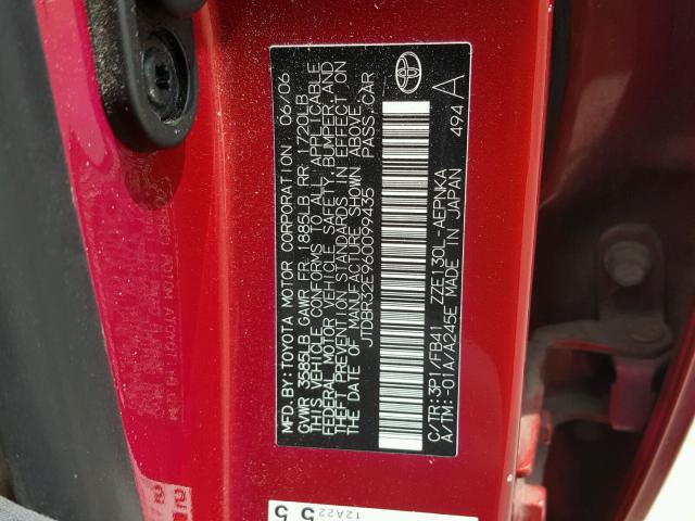 JTDBR32E960099435 - 2006 TOYOTA COROLLA CE RED photo 10