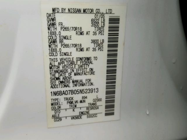 1N6BA07B05N523913 - 2005 NISSAN TITAN XE WHITE photo 10