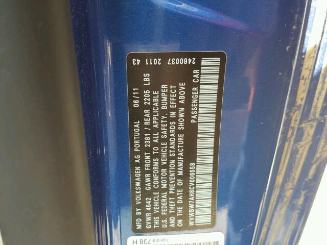 WVWBW7AH8CV006558 - 2012 VOLKSWAGEN EOS KOMFOR ლურჯი ფოტო 10