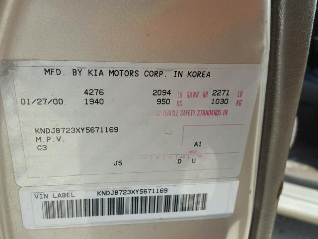 KNDJB723XY5671169 - 2000 KIA SPORTAGE GRAY photo 10