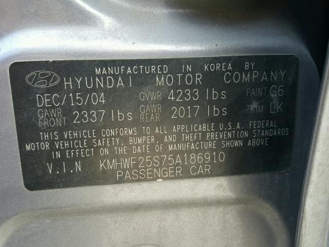 KMHWF25S75A186910 - 2005 HYUNDAI SONATA GL SILVER photo 10