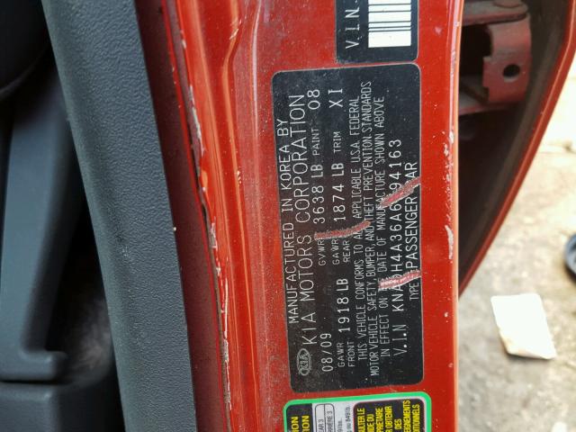 KNADH4A36A6594163 - 2010 KIA RIO LX RED photo 10