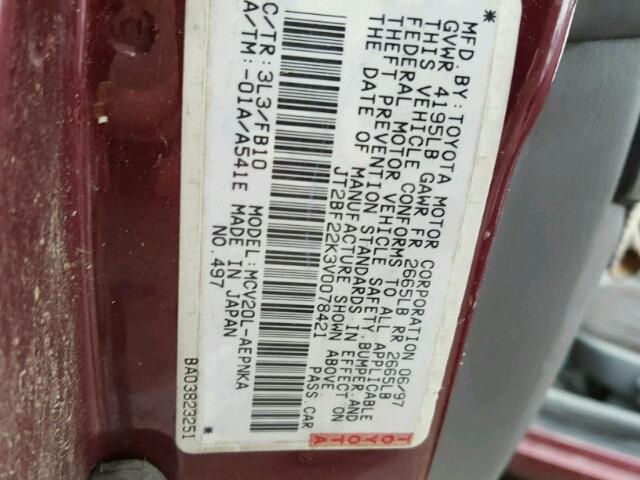 JT2BF22K3V0078421 - 1997 TOYOTA CAMRY LE MAROON photo 10