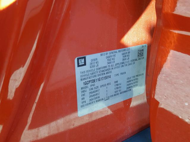 1GCPTDE11G1315814 - 2016 CHEVROLET COLORADO Z ORANGE photo 10