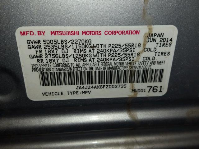 JA4JZ4AX6FZ002735 - 2015 MITSUBISHI OUTLANDER SILVER photo 10