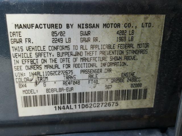 1N4AL11D62C272675 - 2002 NISSAN ALTIMA BAS BLUE photo 10