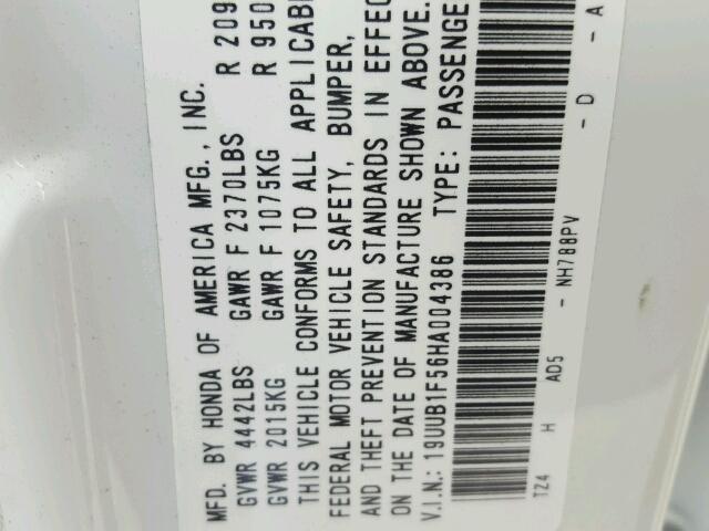 19UUB1F56HA004386 - 2017 ACURA TLX TECH WHITE photo 10