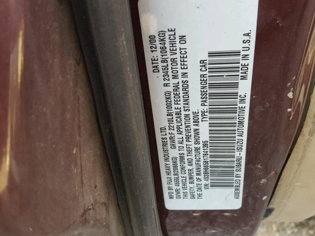 4S3BH665817641395 - 2001 SUBARU LEGACY OUT MAROON photo 10