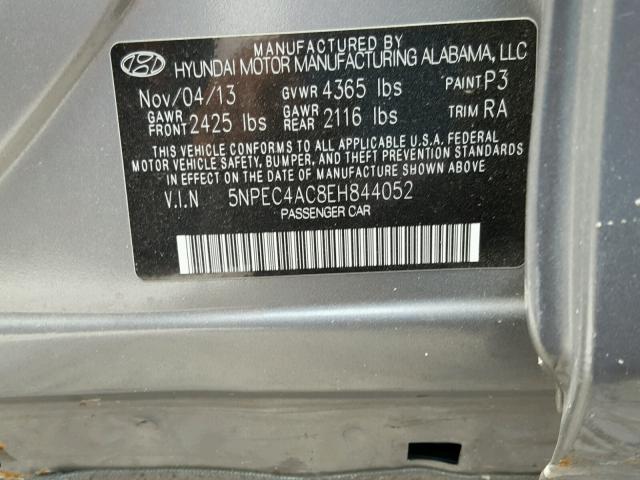 5NPEC4AC8EH844052 - 2014 HYUNDAI SONATA SE GRAY photo 10