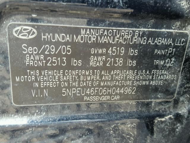 5NPEU46F06H044962 - 2006 HYUNDAI SONATA GLS BLUE photo 10