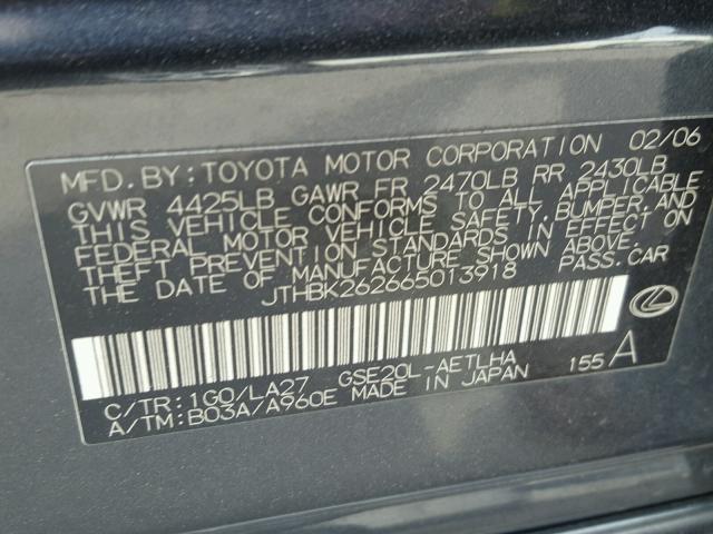 JTHBK262665013918 - 2006 LEXUS IS 250 CHARCOAL photo 10