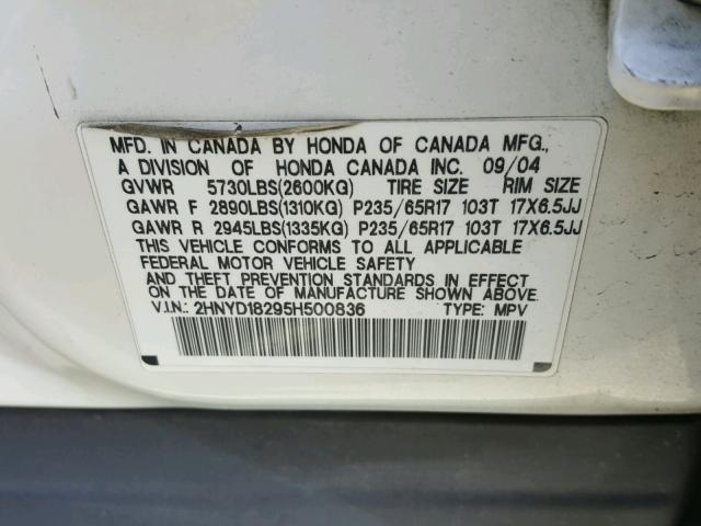 2HNYD18295H500836 - 2005 ACURA MDX WHITE photo 10