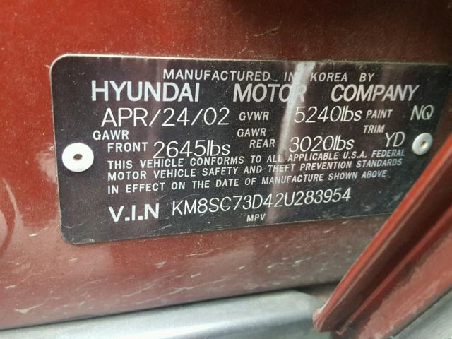 KM8SC73D42U283954 - 2002 HYUNDAI SANTA FE G BURGUNDY photo 10