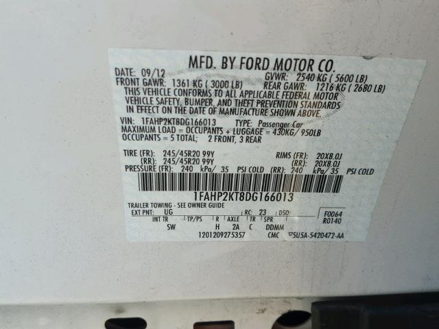 1FAHP2KT8DG166013 - 2013 FORD TAURUS SHO WHITE photo 10