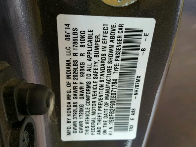 19XFB2F90EE071784 - 2014 HONDA CIVIC EXL GRAY photo 10