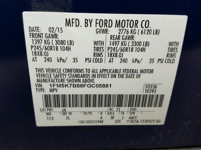 1FM5K7B88FGC05881 - 2015 FORD EXPLORER BLUE photo 10